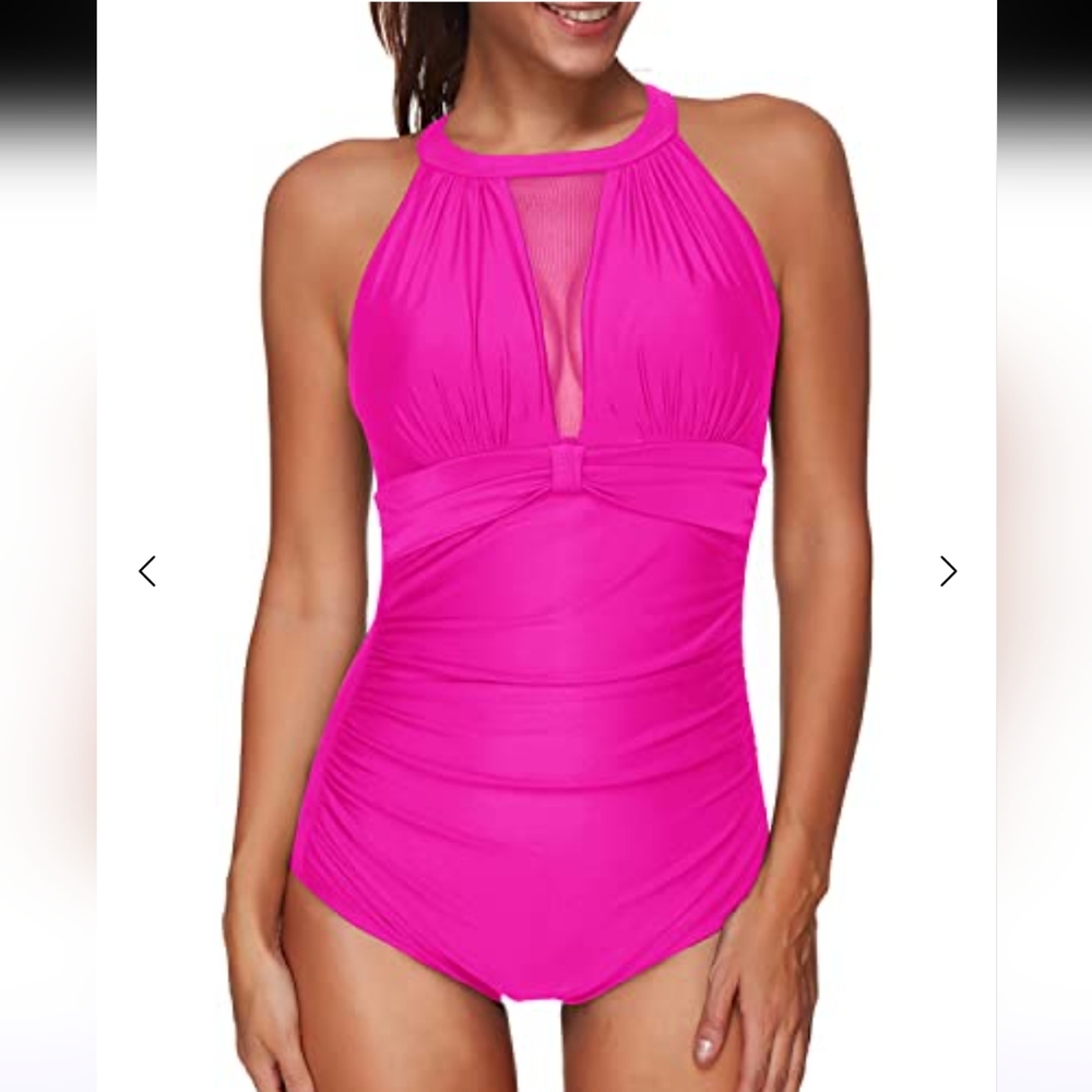 Pink High Neck Mesh Ruched One Piece Swimsuit Size 16W - Picture 1 of 8